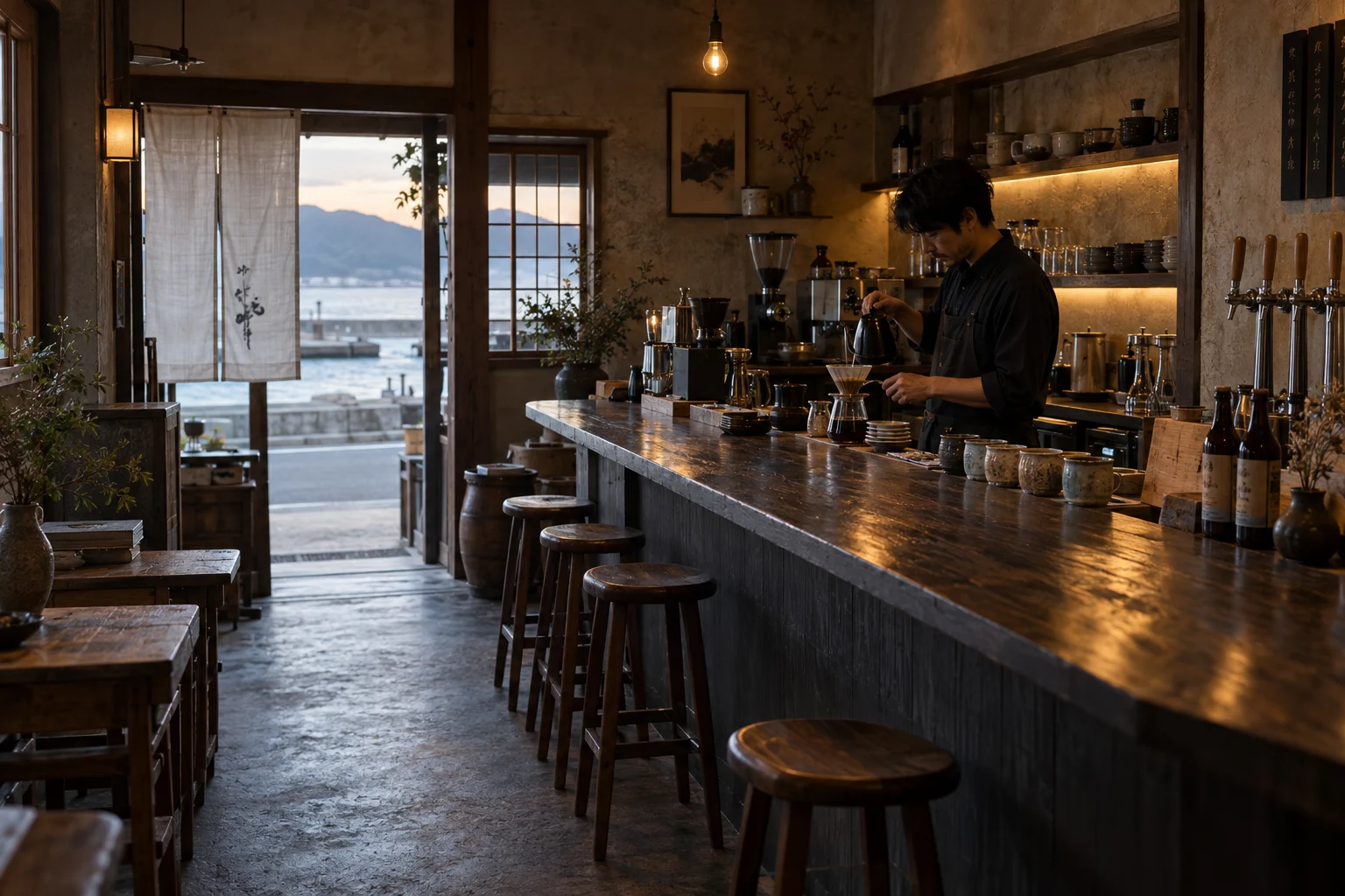 明るい海辺の架空カフェ